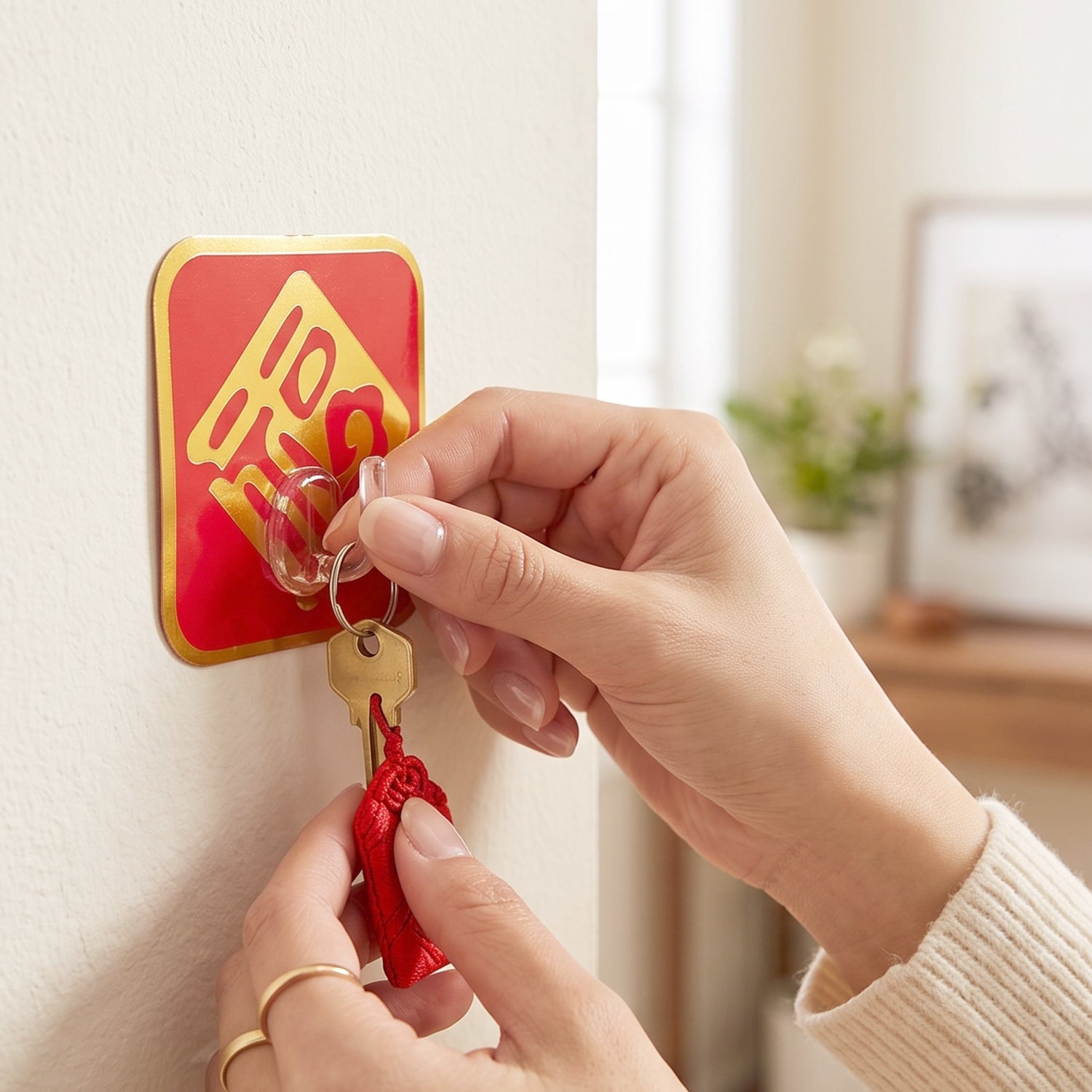 Person installing a self-adhesive key hook on wall, holding a red keychain