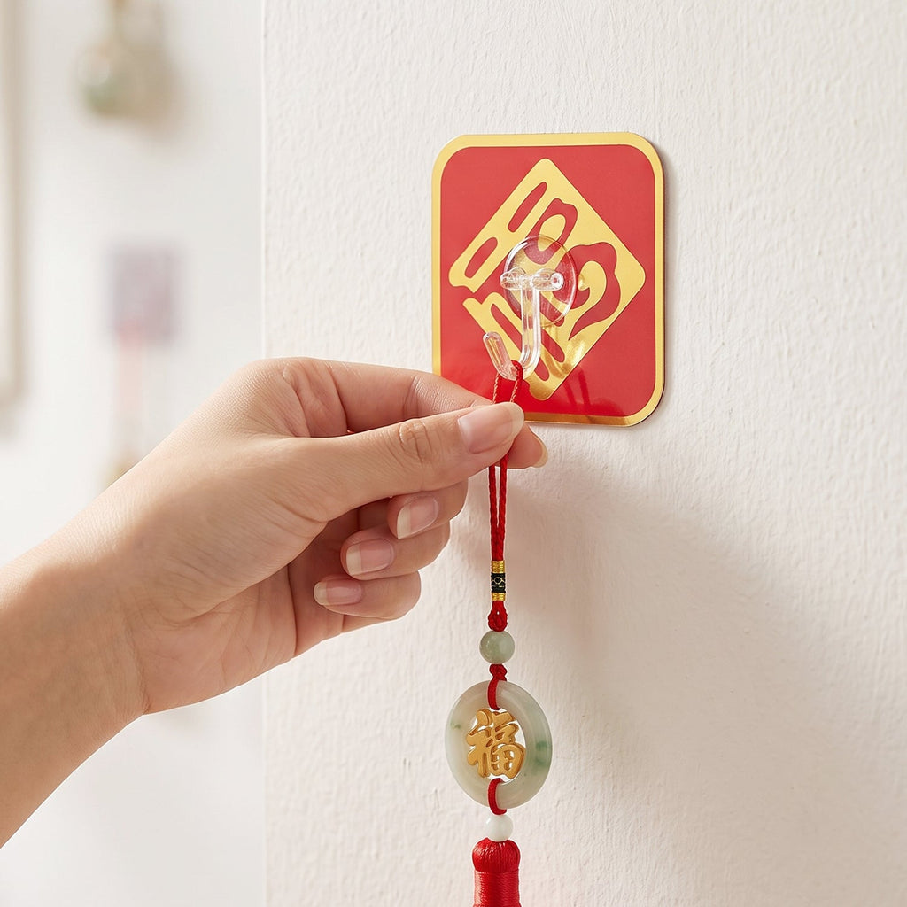 Hand mounting a red self-adhesive key hook, hanging a charm and key