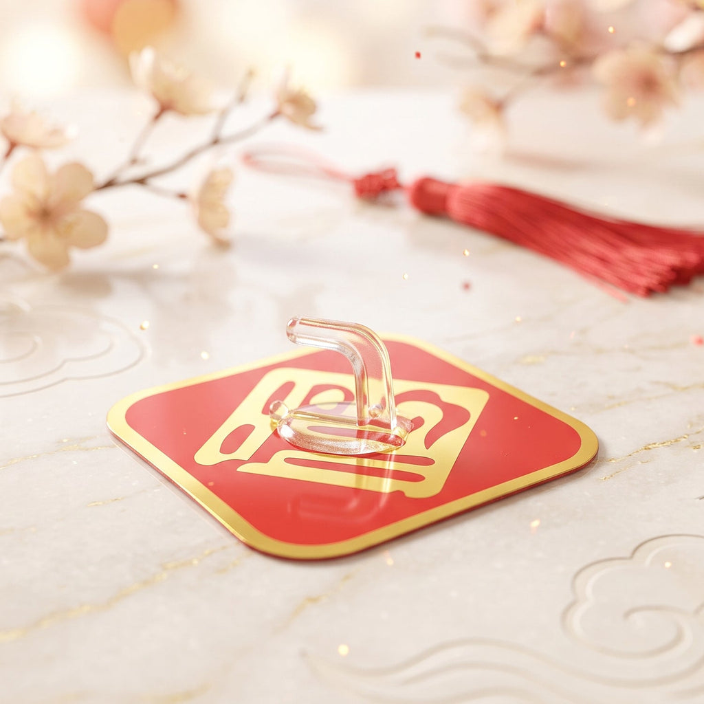 Single self-adhesive decorative key hook on tile, red gold design with clear hook