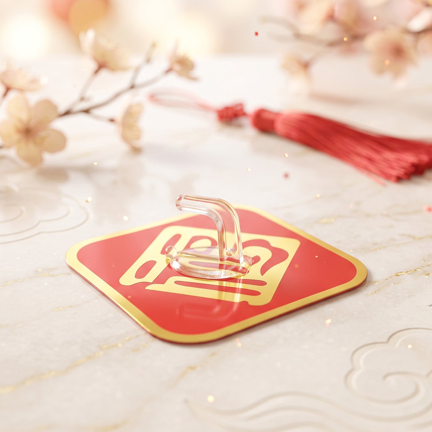 Single self-adhesive decorative key hook on tile, red gold design with clear hook
