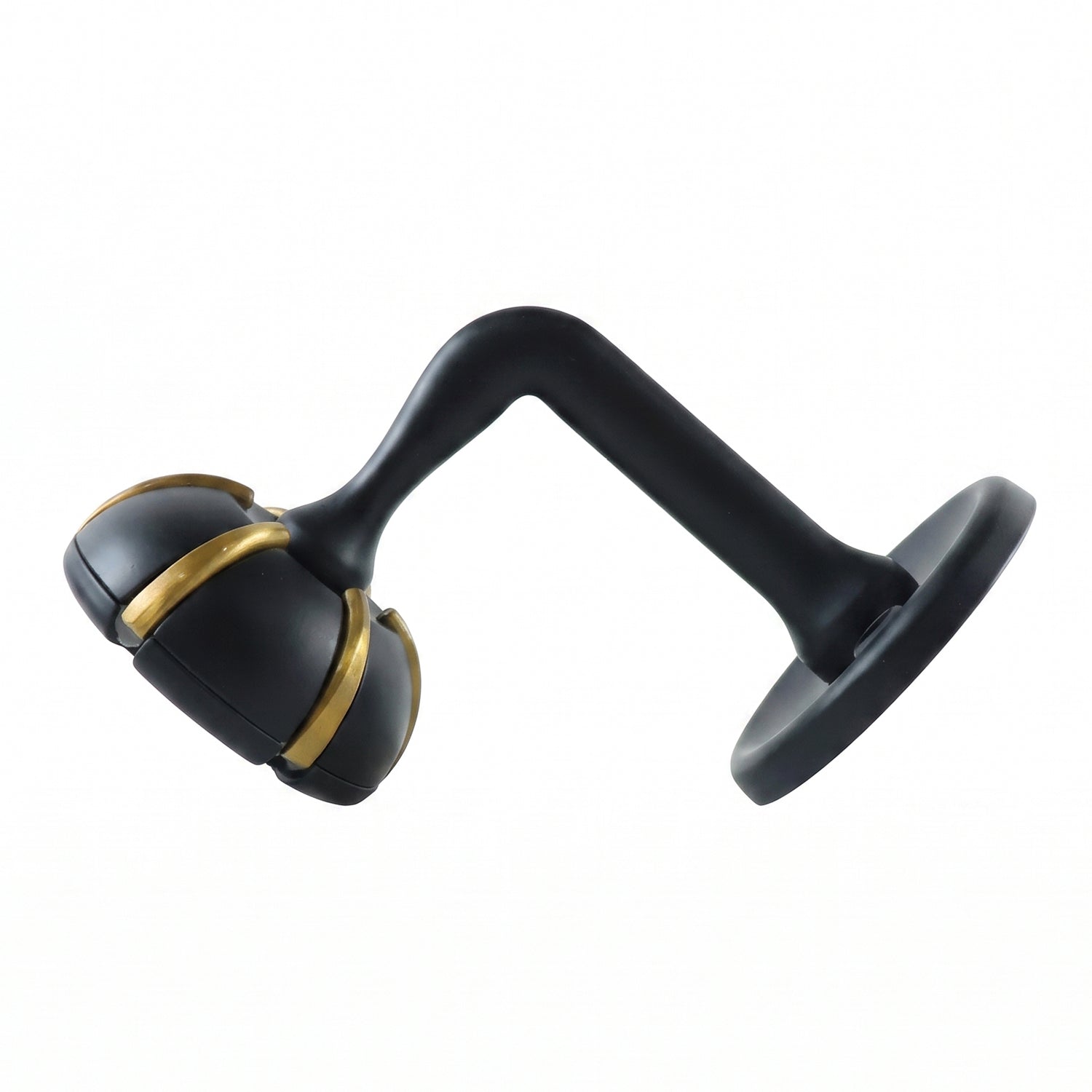 Black wall hook with curved profile and gold bands for keys or small items