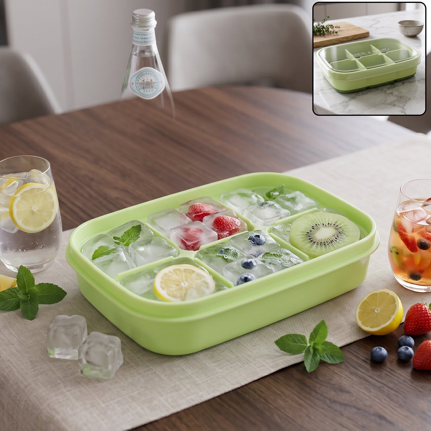 Light green mini ice cube tray with 6 cavities, filled with fruit and ice