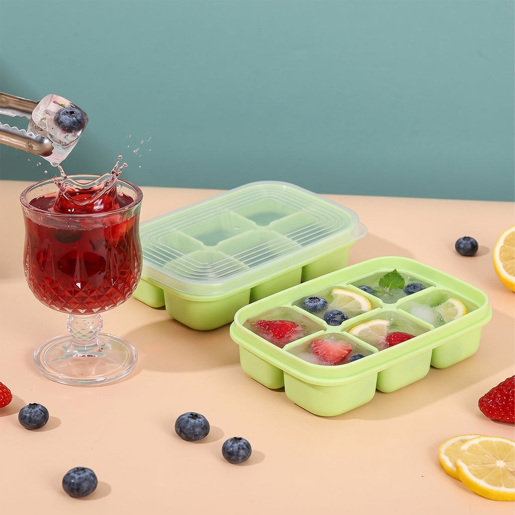 Light green ice cube tray set, one open and one with 6-cavity grid