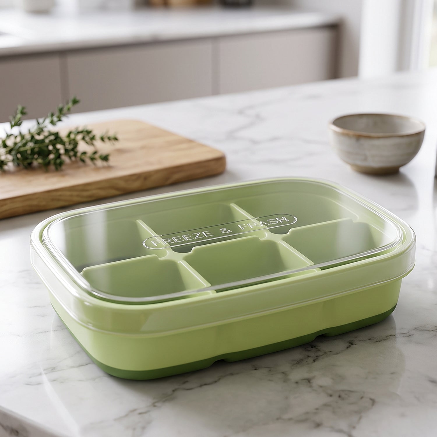 Light green 6-cavity ice cube tray with clear lid on countertop