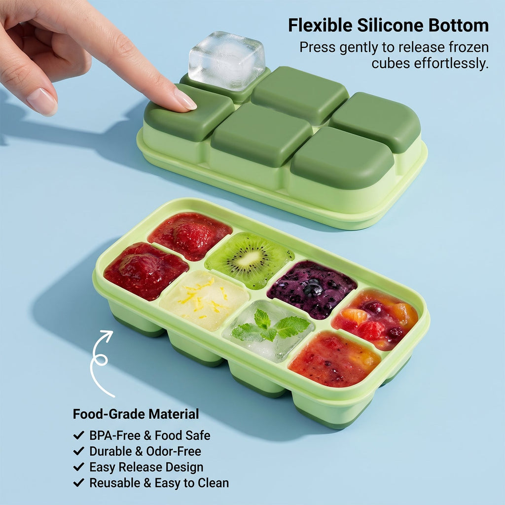 Light green 6-cavity ice cube tray with flexible bottom, pressed to release cubes