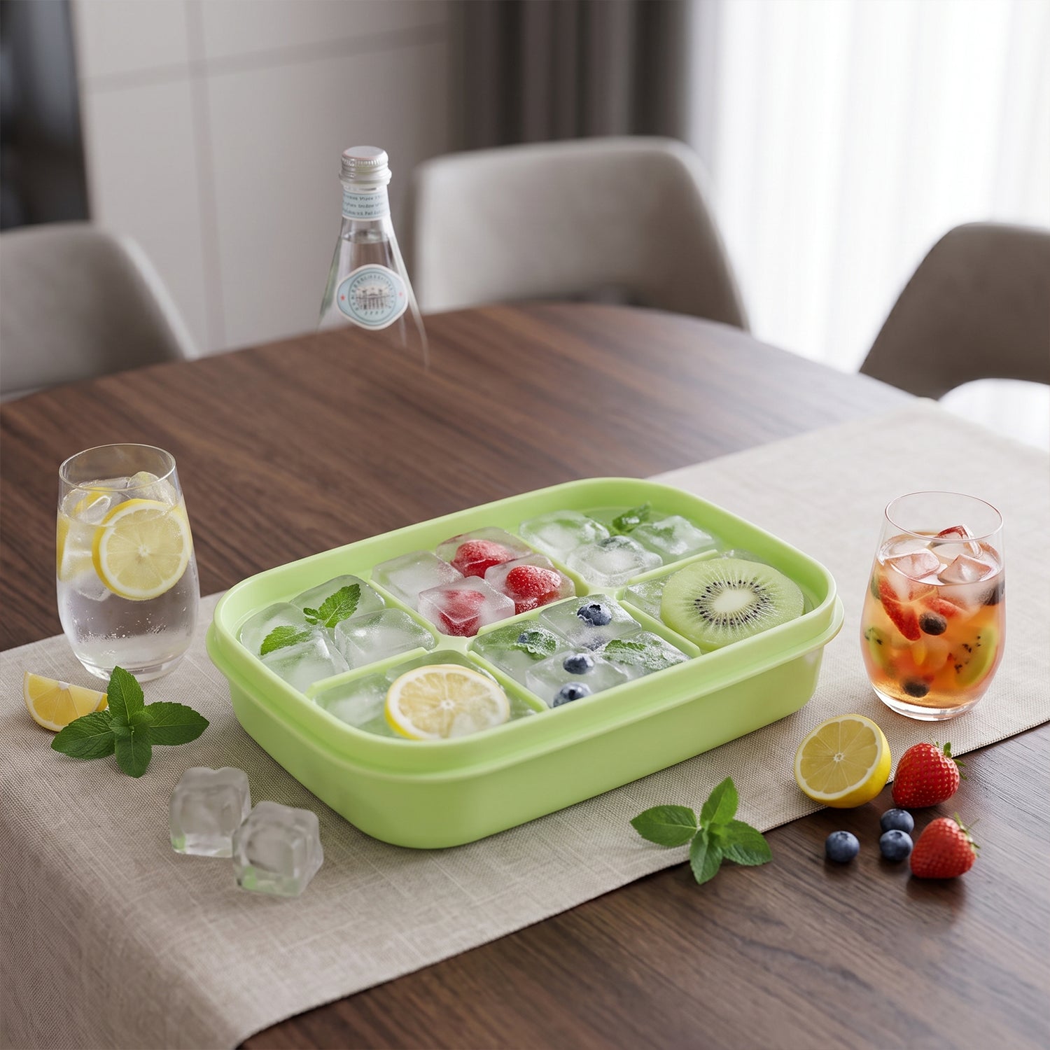 Light green mini ice cube tray with 6 cavities, filled with mixed fruit cubes