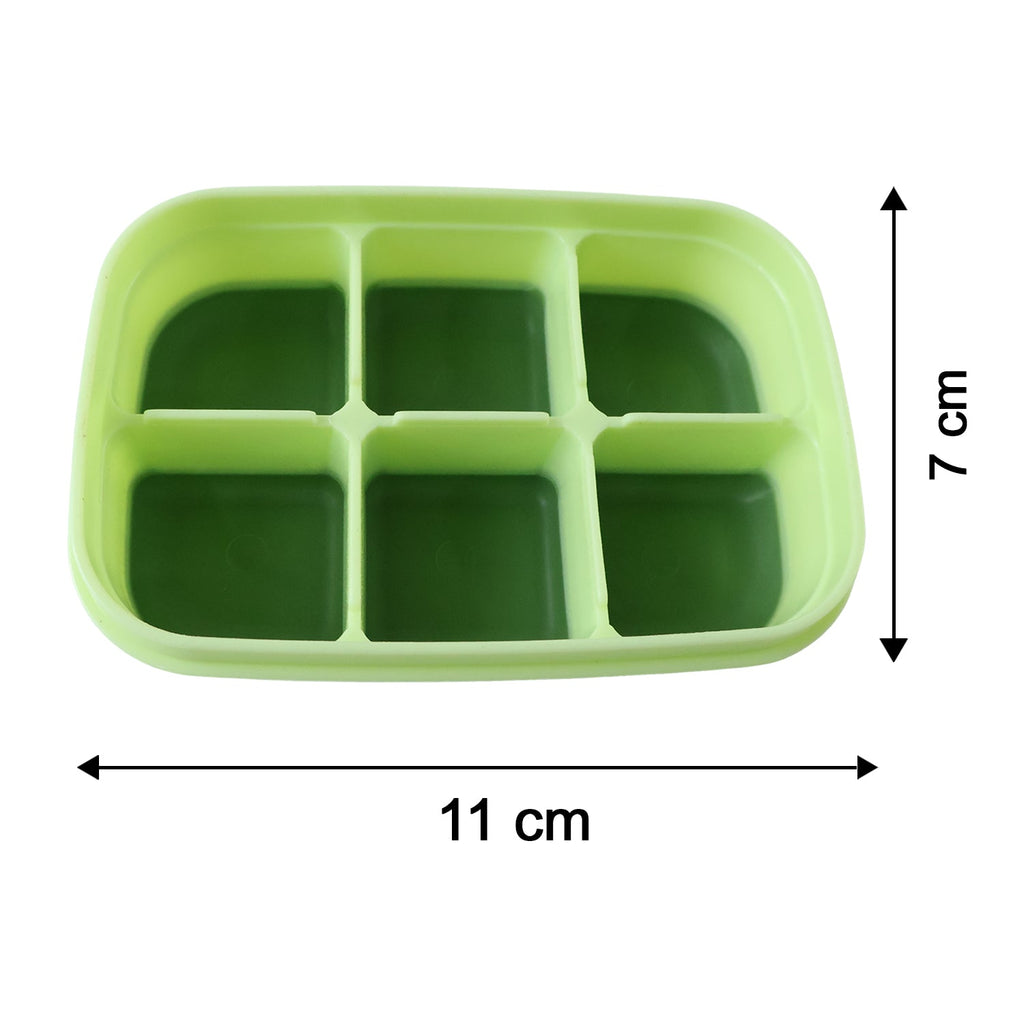 Light green 6-cavity ice cube tray size diagram, 11 cm x 7 cm