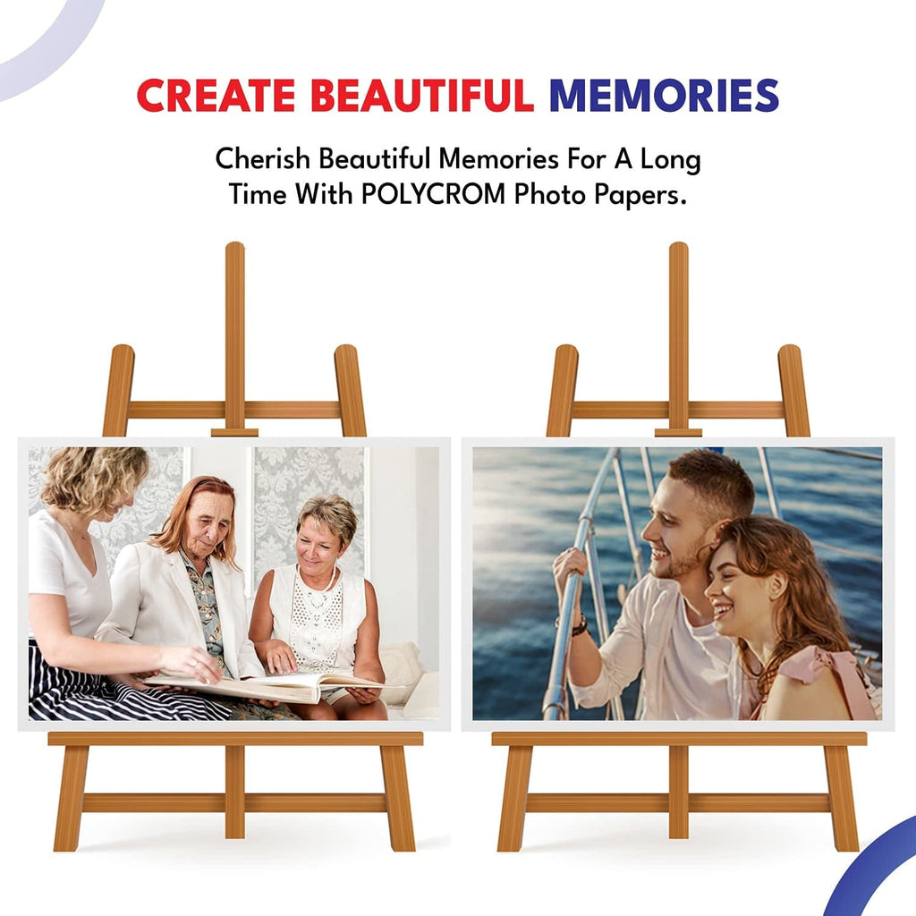 A4 inkjet photo paper pack with printed scenic photos on easel displays
