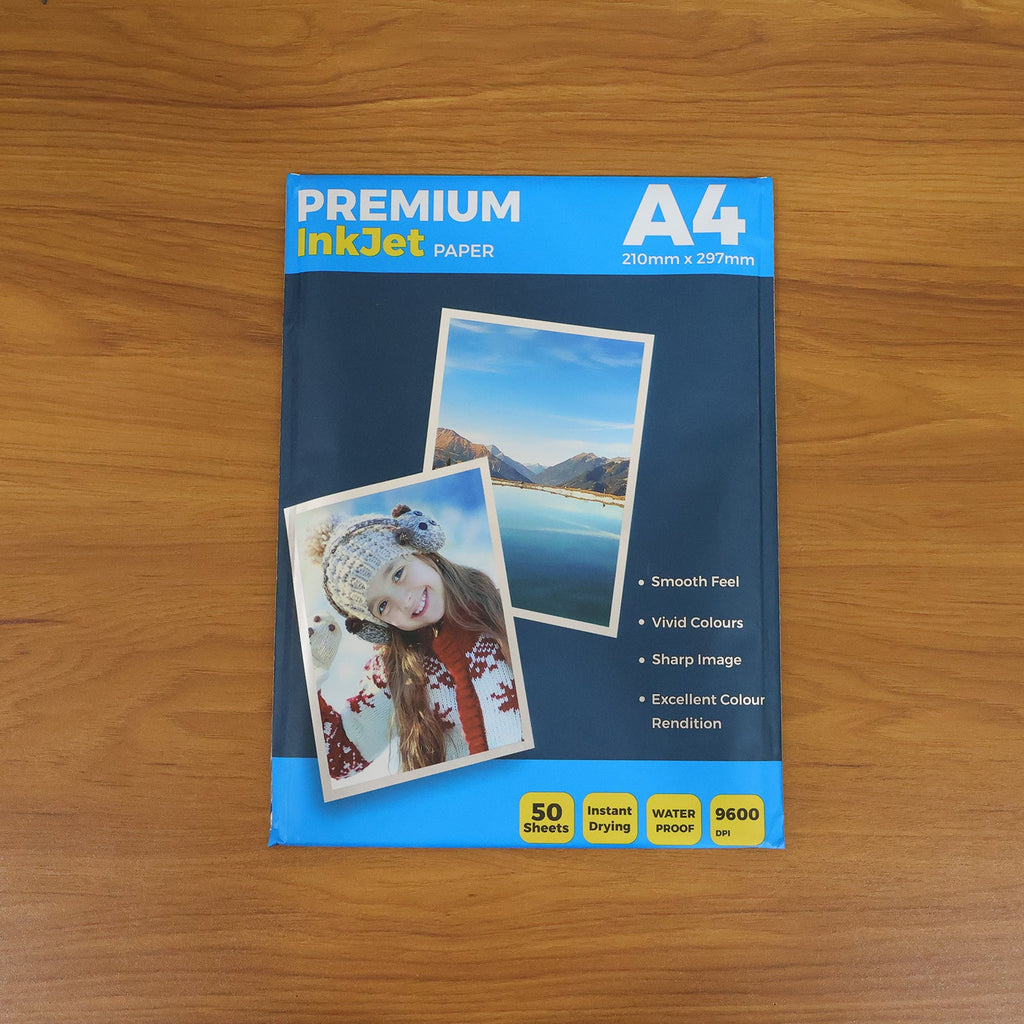 A4 premium inkjet paper pack, blue label on dark blue background
