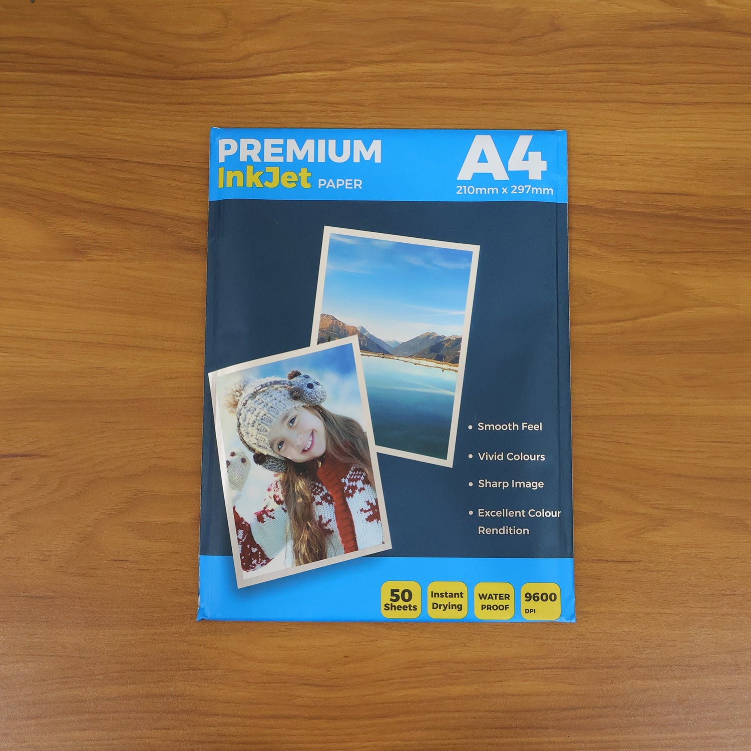 A4 premium inkjet paper pack, blue label on dark blue background