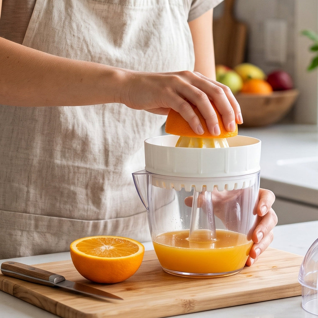 Plastic mini citrus squeezer with clear cup, white press cone, and juice-drip spout