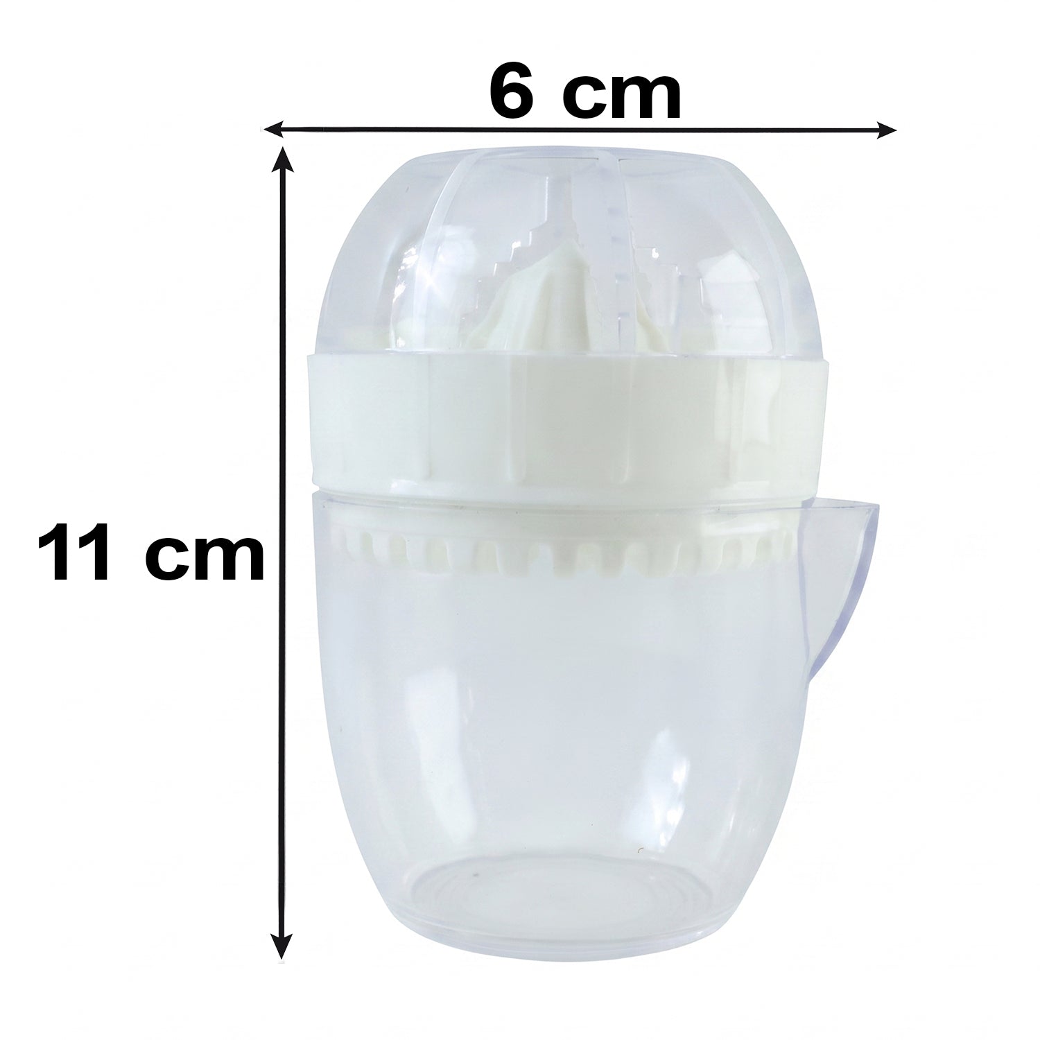 Plastic mini manual citrus squeezer with clear cup and white ridged press top