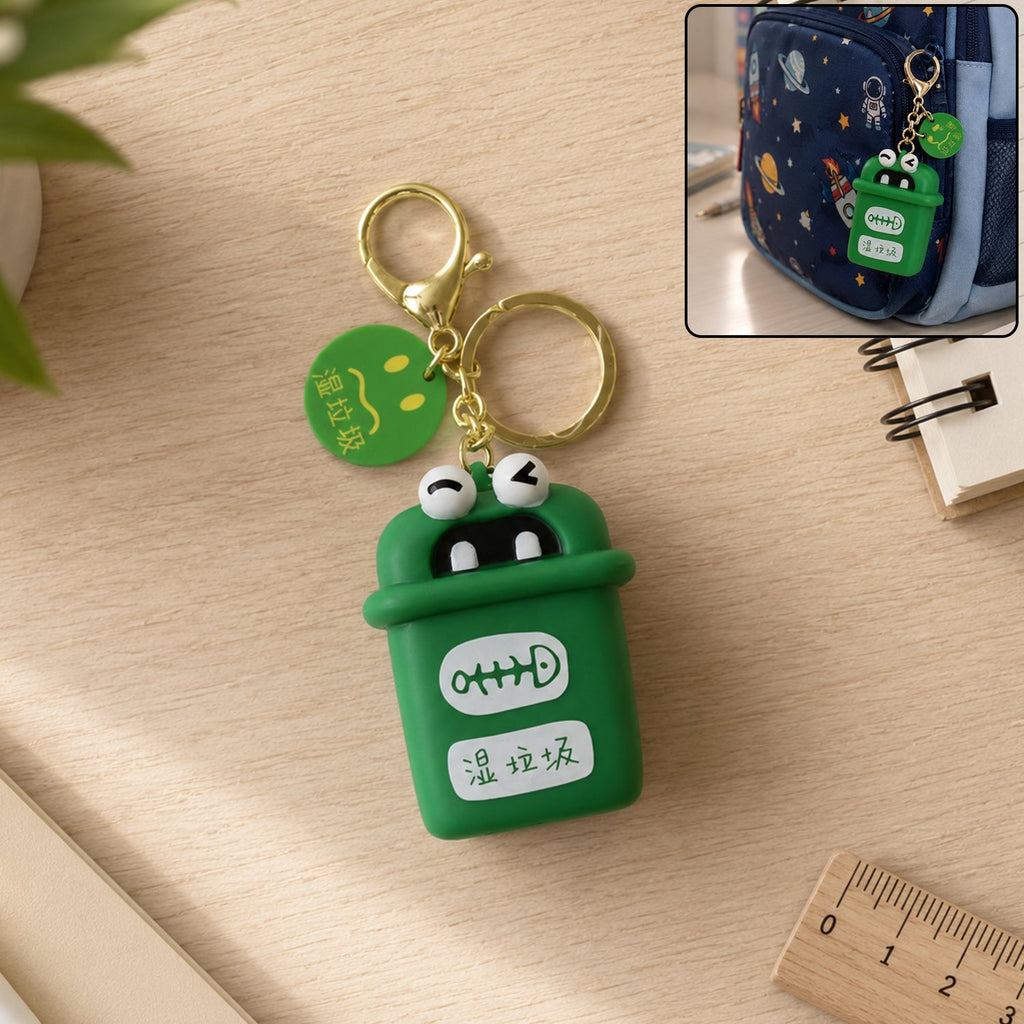 Green mini trash can charm keychain with cartoon face, gold rings and chain