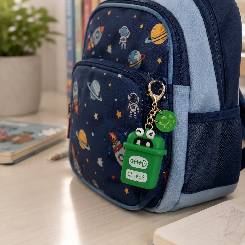 Green mini trash can keychain charm hanging from a blue backpack strap