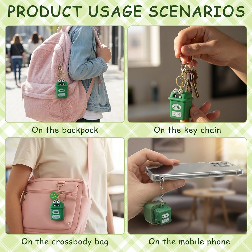 Green mini trash can keychain charm shown on backpack, bag strap, and phone