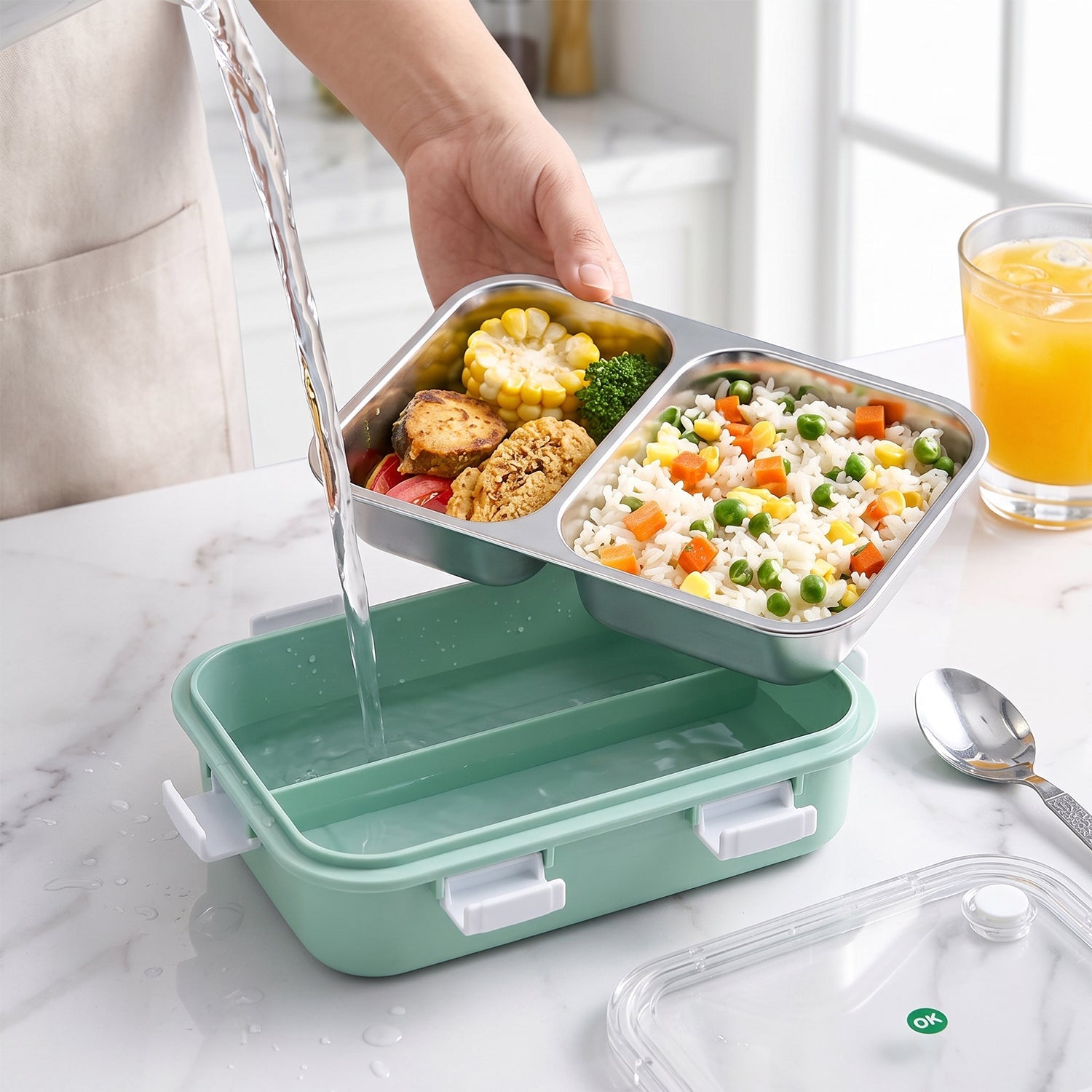 Two-compartment stainless lunch box with transparent lid and mint base; water pouring