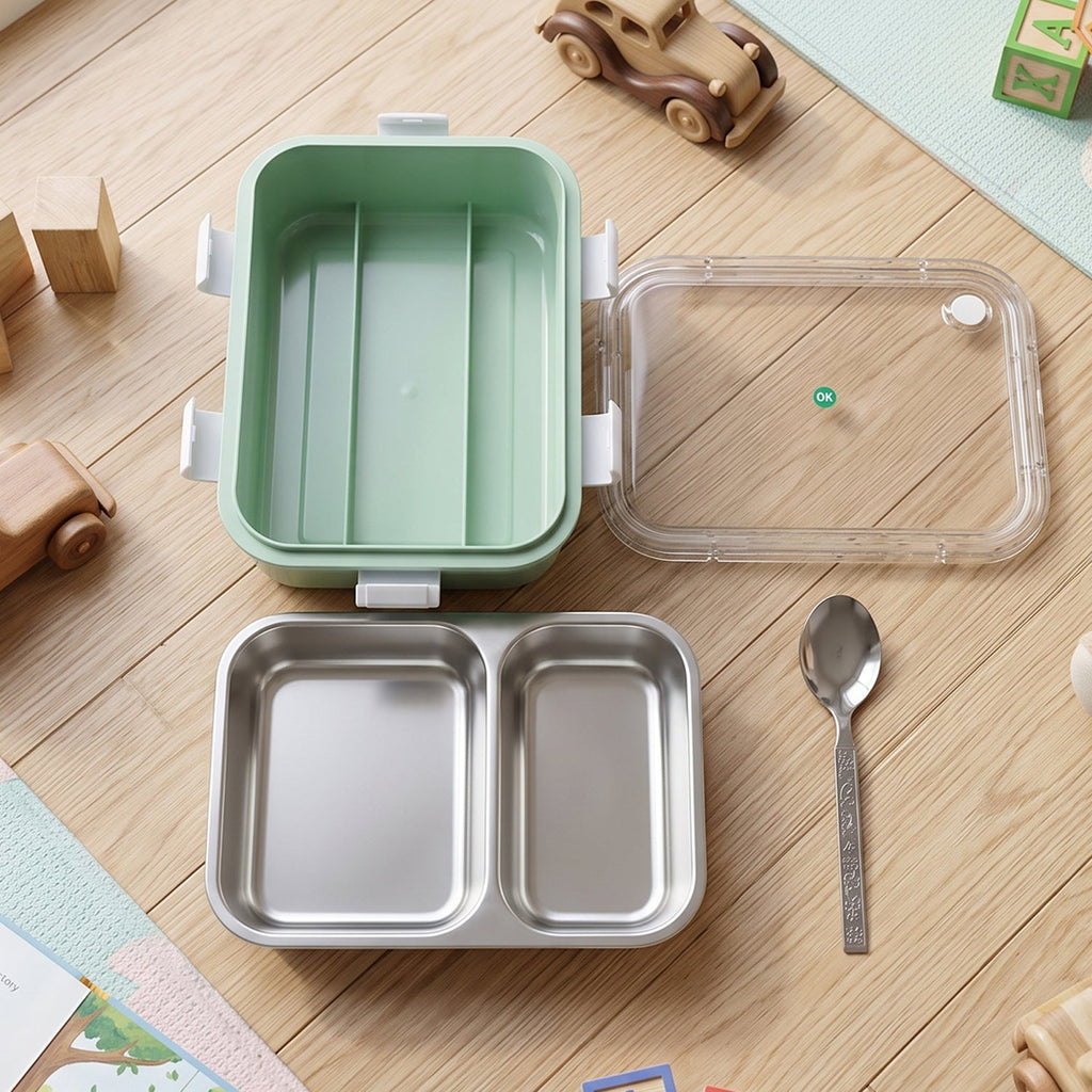 Two-compartment lunch box set: mint base, clear lid, two metal trays, spoon