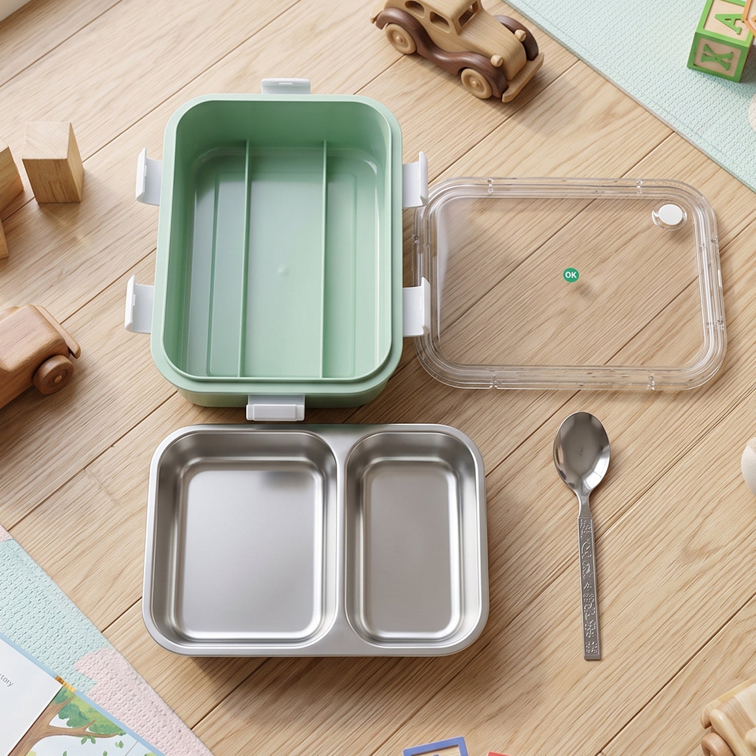Two-compartment lunch box set: mint base, clear lid, two metal trays, spoon