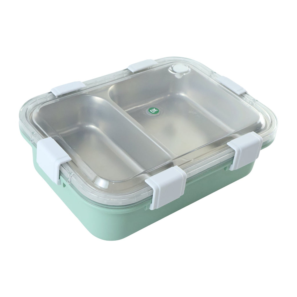 Two-compartment stainless lunch box with transparent lid and mint base, closed