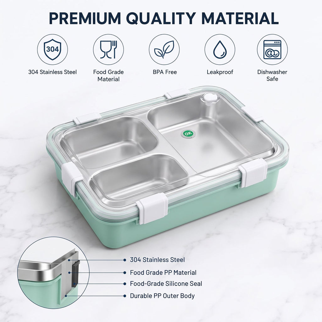 Two-compartment stainless lunch box with clear lid and silicone seal on mint base