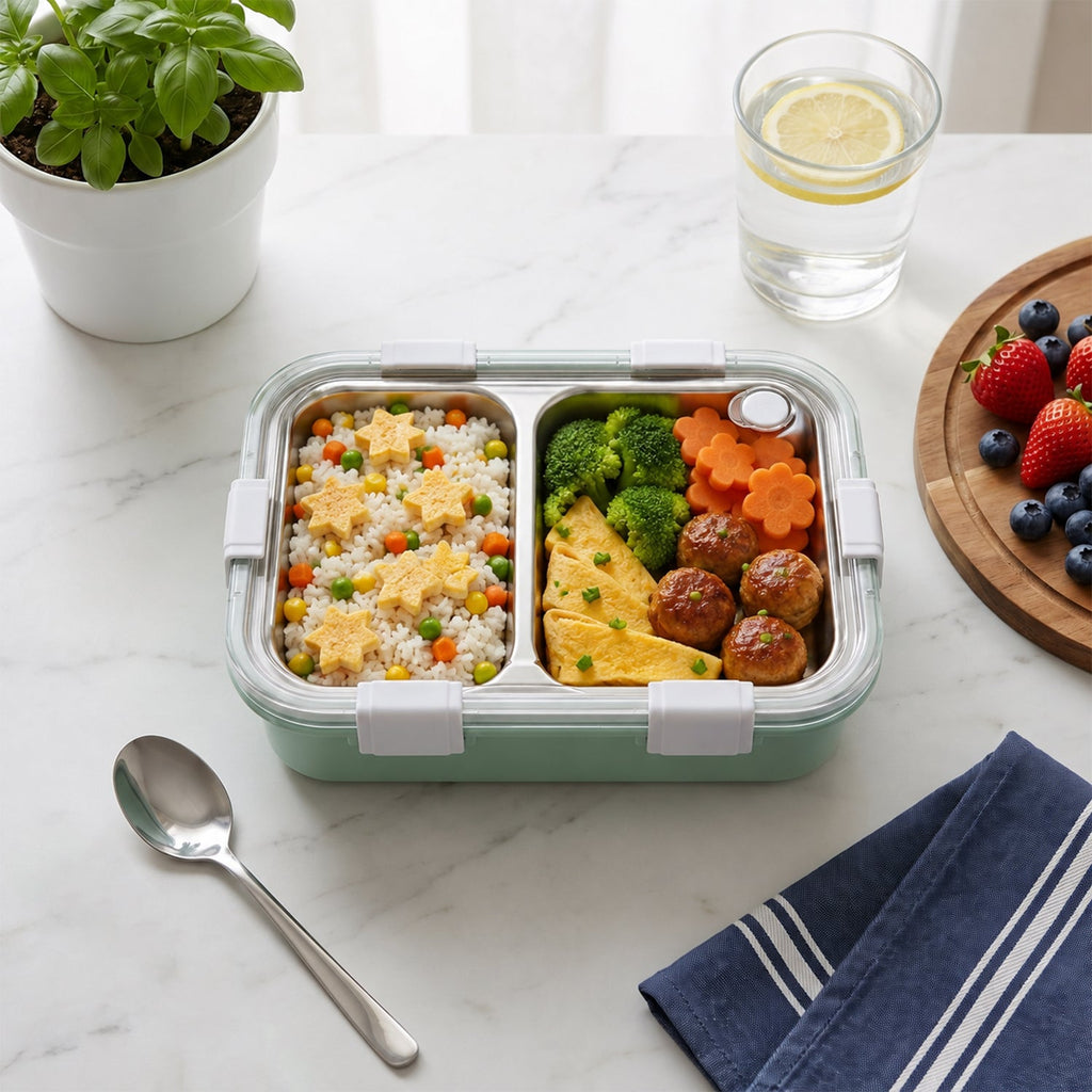 Two-compartment stainless lunch box with transparent lid, mint base, and spoon