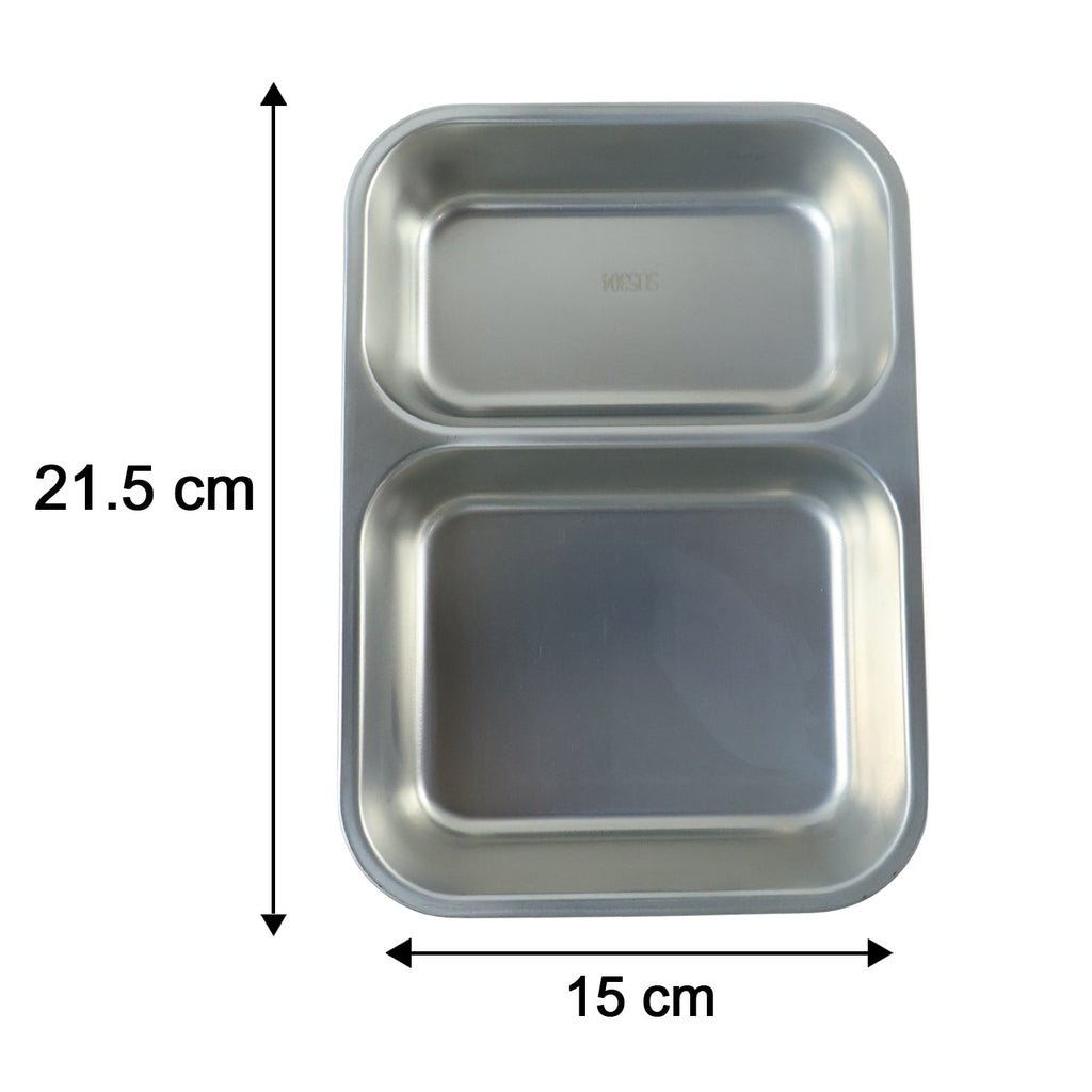 Two-compartment stainless lunch box, 21.5 cm tall and 15 cm wide with lid