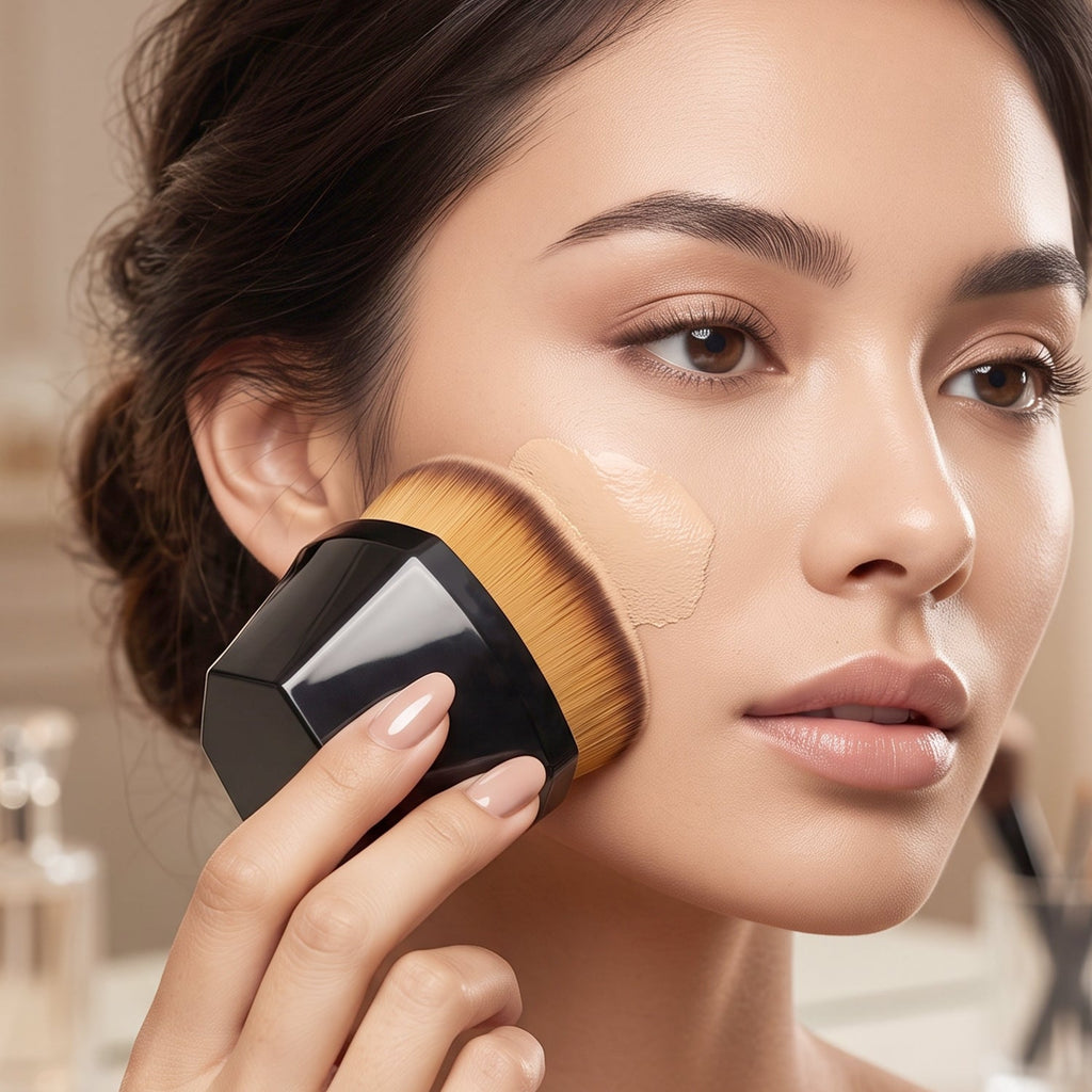 Foundation makeup brush with golden bristles and black hex handle, close-up on skin