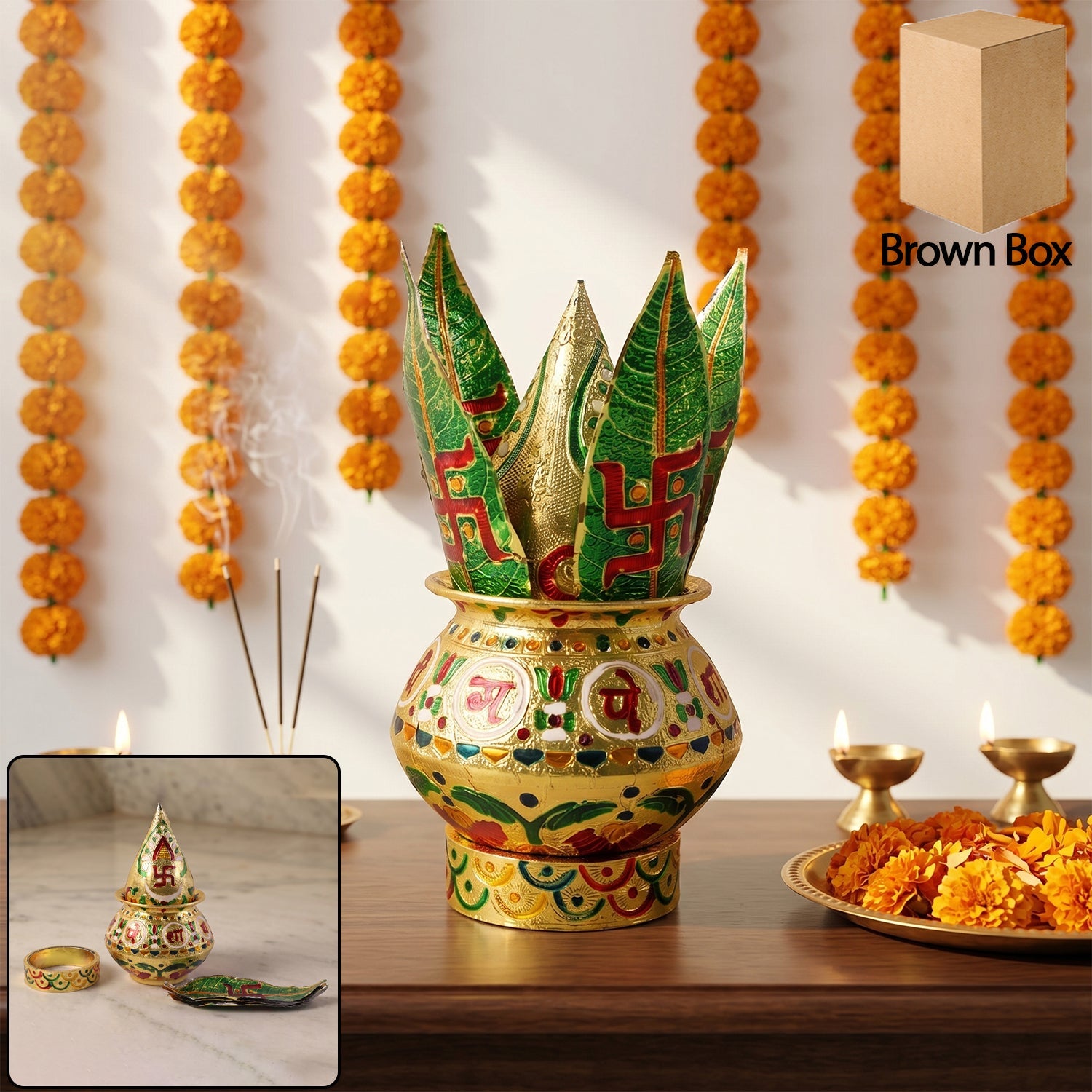 Ornate pooja kalash with green lotus crown and gold-patterned pot base