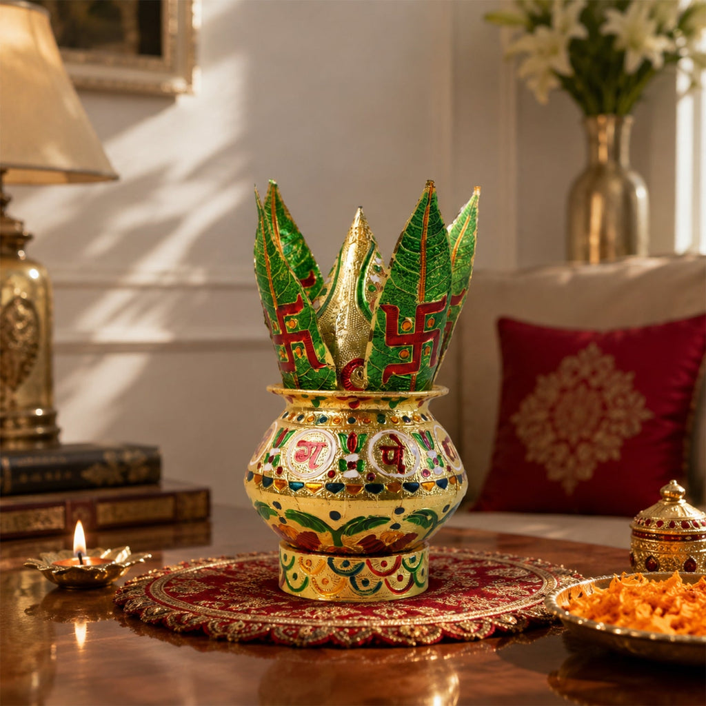 Ornate pooja kalash centerpiece with green lotus crown on patterned pot