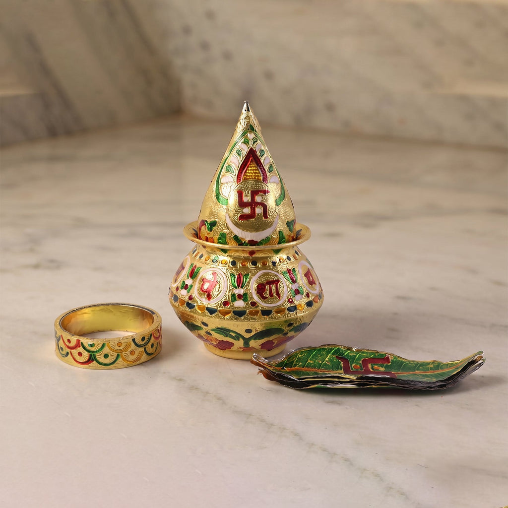 Traditional pooja kalash with green lotus crown, gold painted pot and diya plate