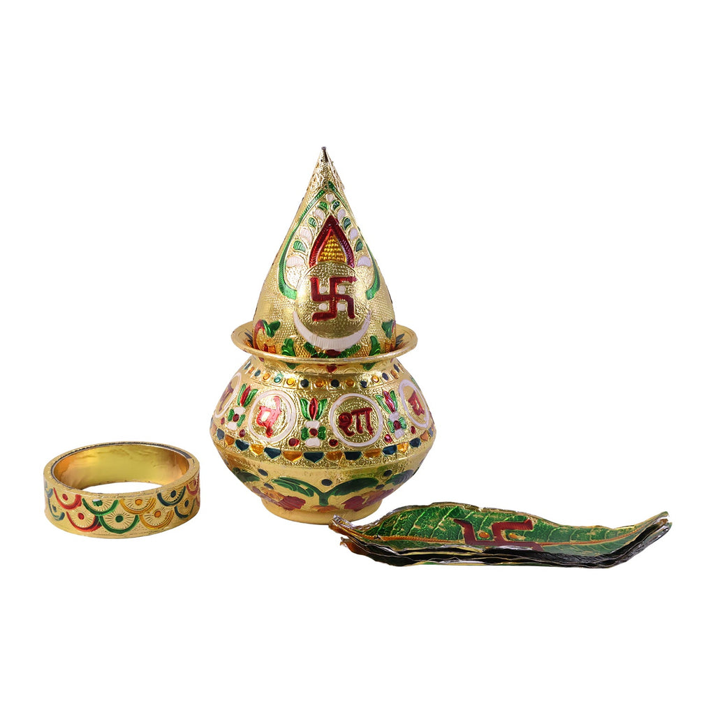 Pooja kalash with green lotus crown, gold painted pot, and matching small bowl