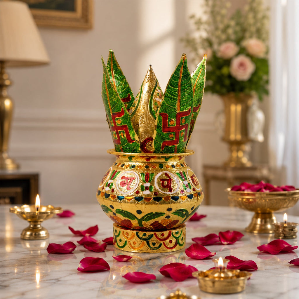 Traditional pooja kalash with green lotus crown, painted gold-and-red pot
