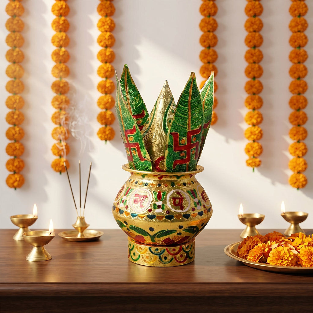 Decorative pooja kalash on tray, green lotus crown and painted gold pot