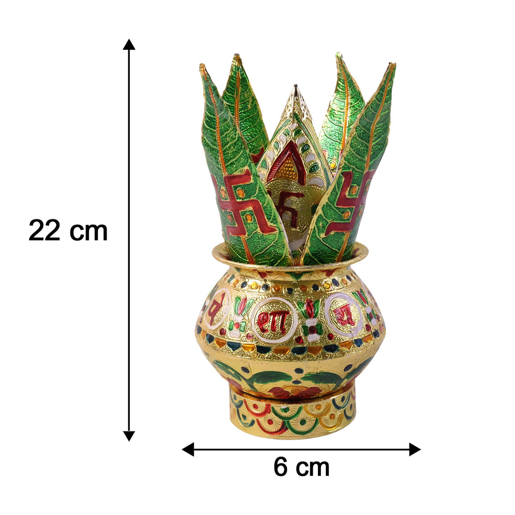 Ornate pooja kalash dimensions view: green lotus crown on painted gold pot