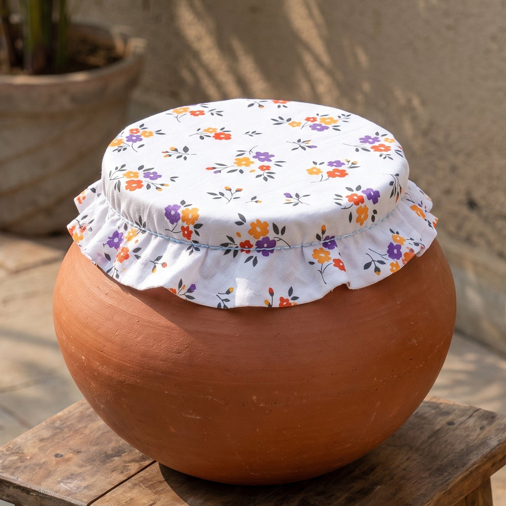 Cotton matka cover featuring multicolor flower print on white