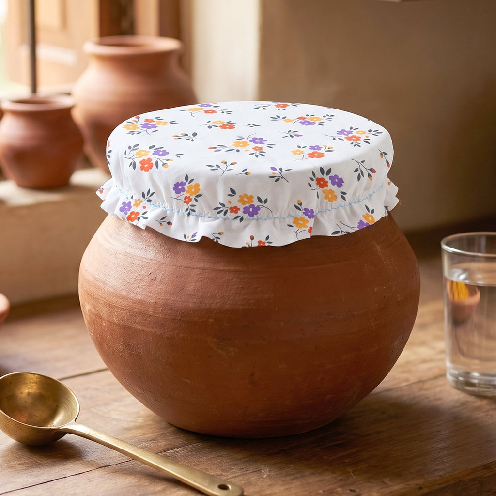 Cotton matka cover on earthen pot, white floral print with gathers