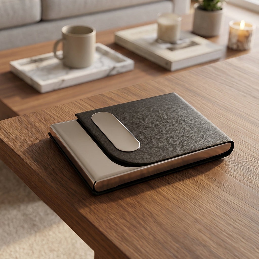Black leather business card holder with oval cutout on tabletop, slim steel base