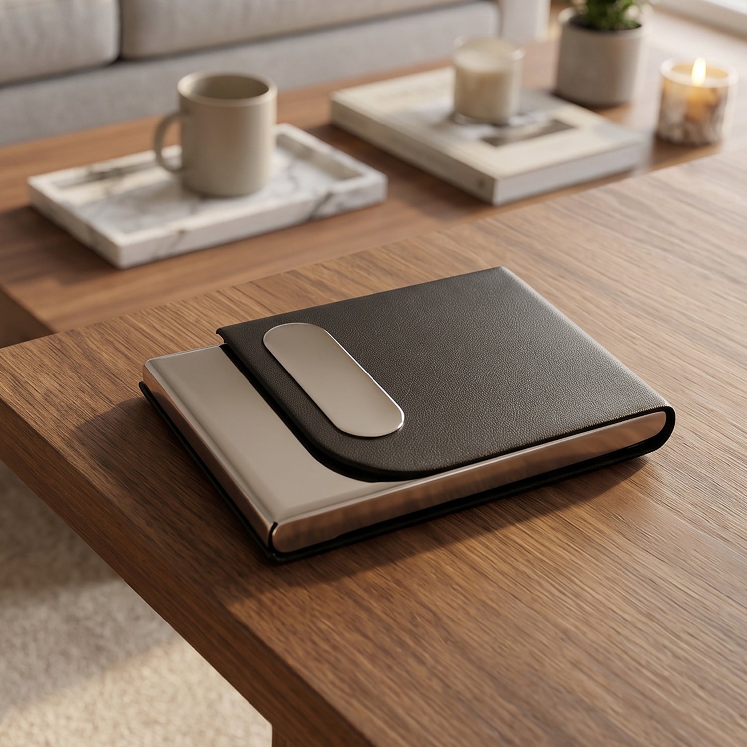 Black leather business card holder with oval cutout on tabletop, slim steel base