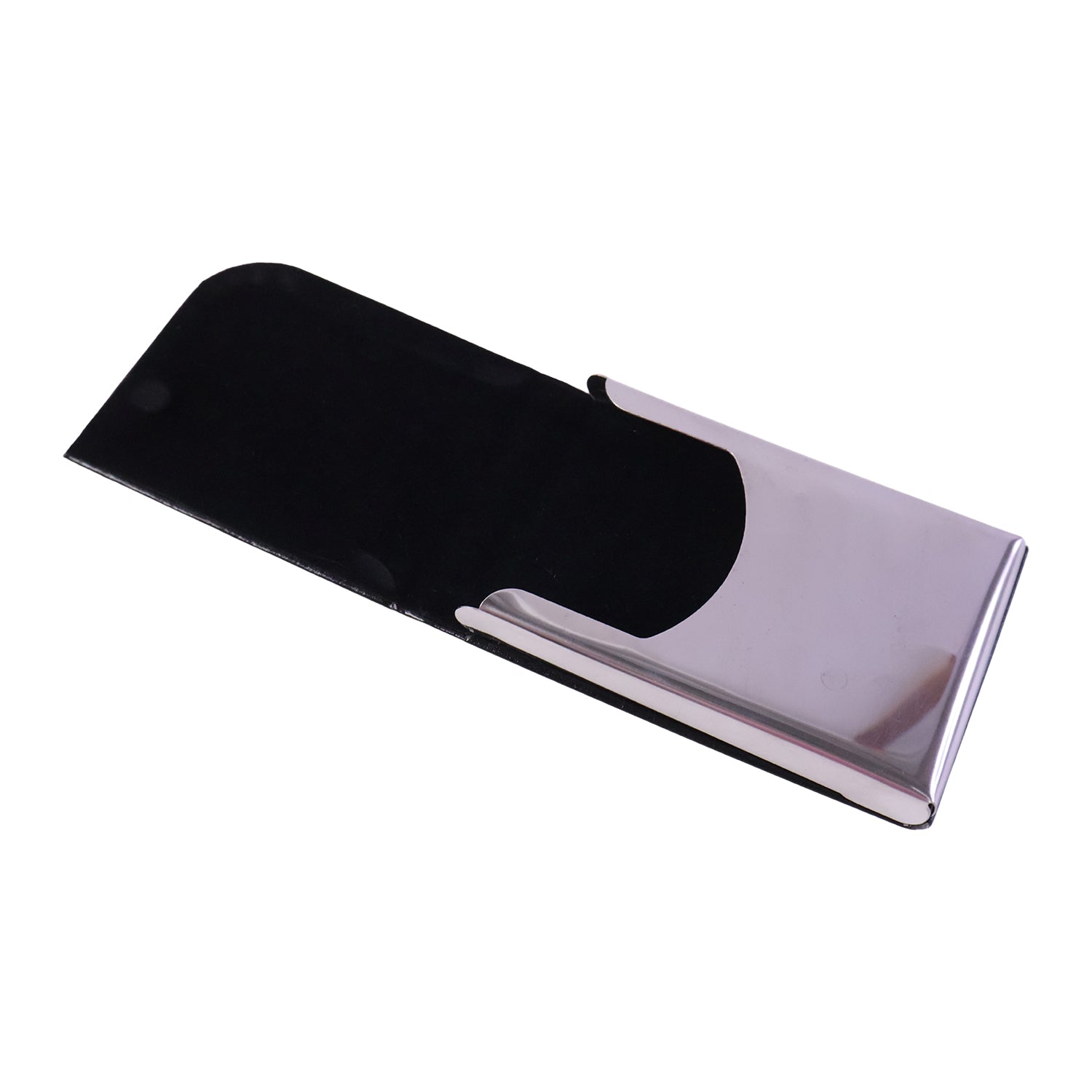 Black leather business card holder with oval slot, shown in open retail packaging