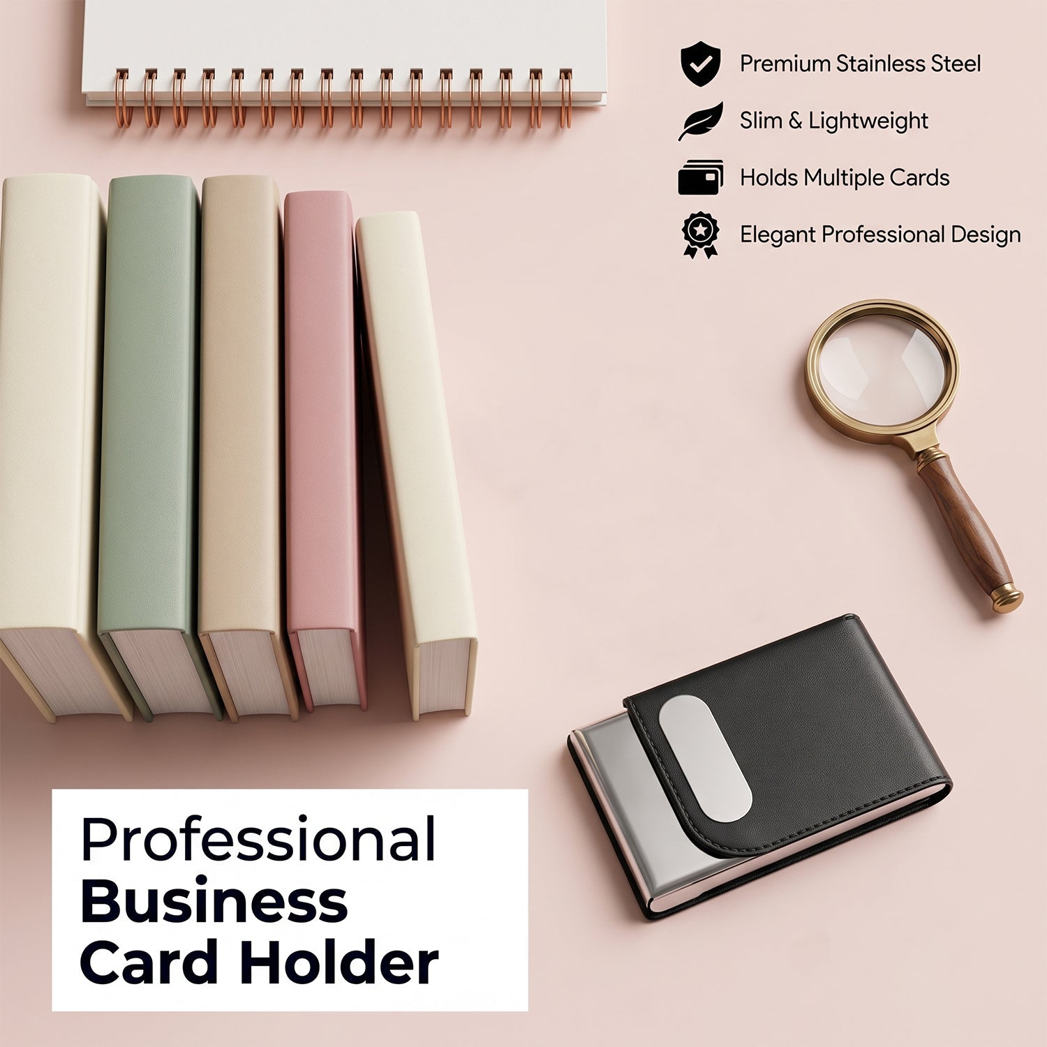 Black leather business card holder with oval card slot and silver-toned base