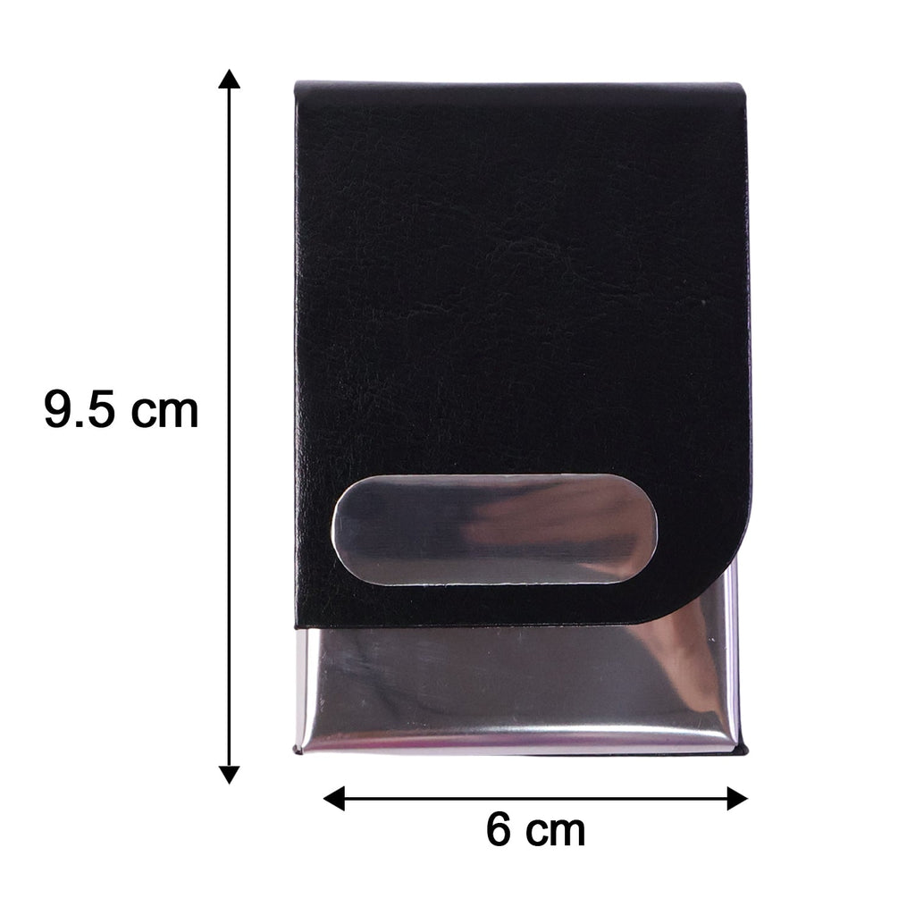 Black leather business card holder with oval slot, size marked 6 cm x 9.5 cm