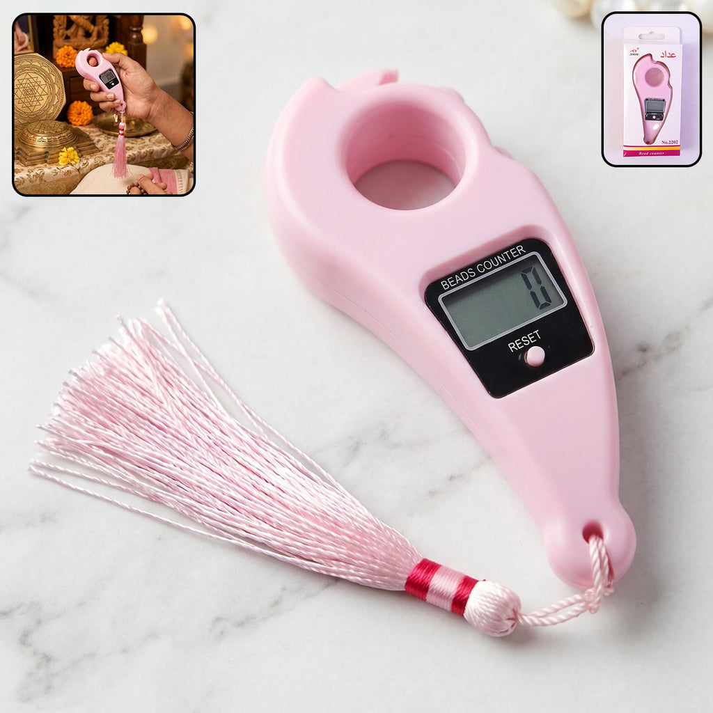 Pink digital beads counter finger ring with LCD display, reset button, and tassel