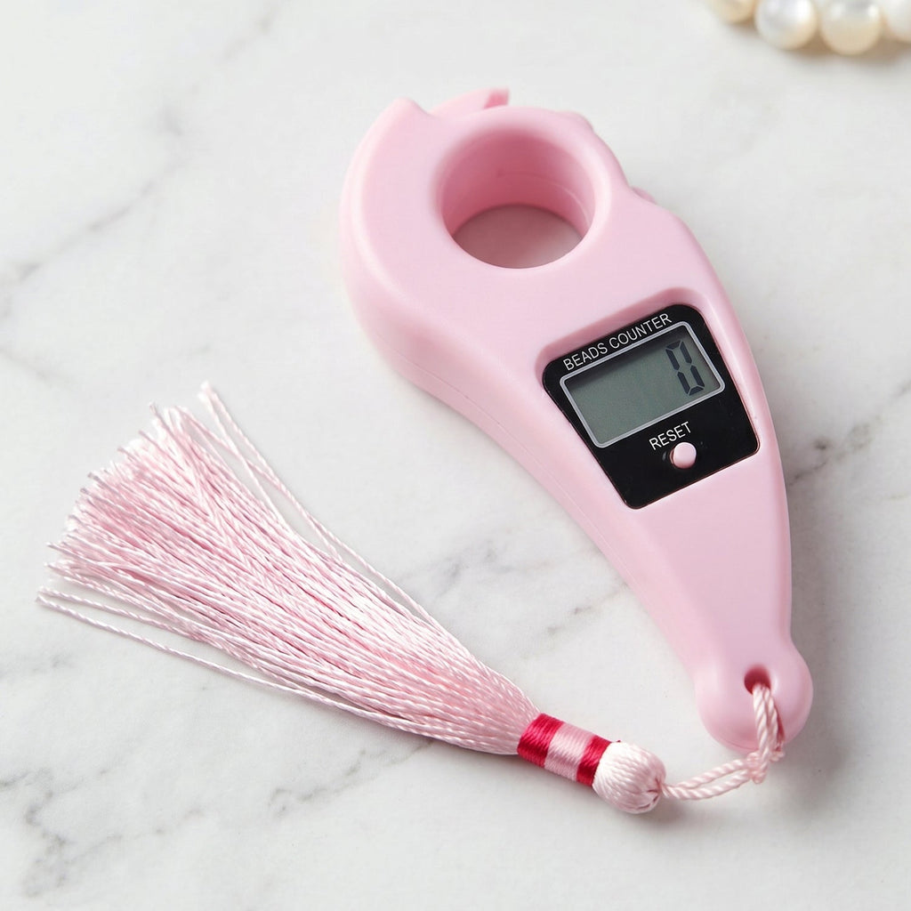 Pink digital beads counter finger ring clicker with LCD screen and white-pink tassel