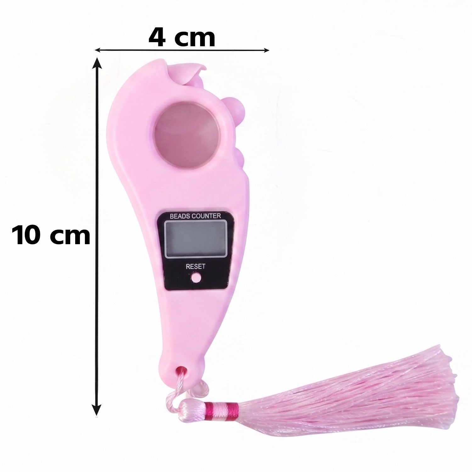 Pink digital beads counter finger ring clicker, size shown: 10 cm x 4 cm, with tassel