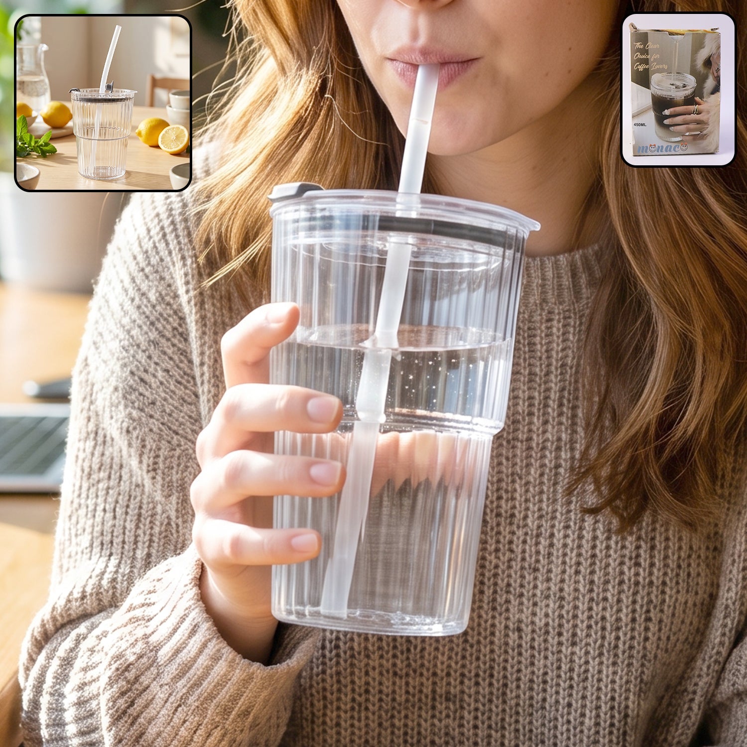 Clear plastic tumbler with lid and straw, 450ml capacity, reusable leak-resistant design