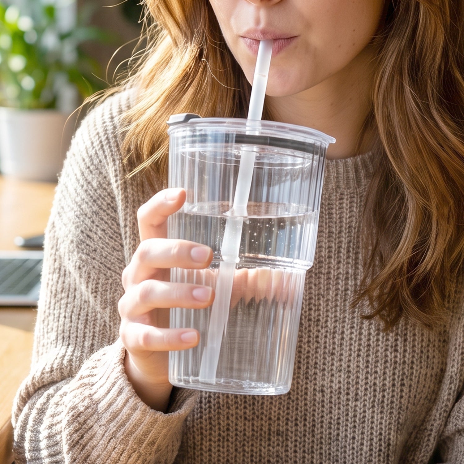 Clear plastic cup tumbler with lid and straw, reusable 450ml leak-proof style