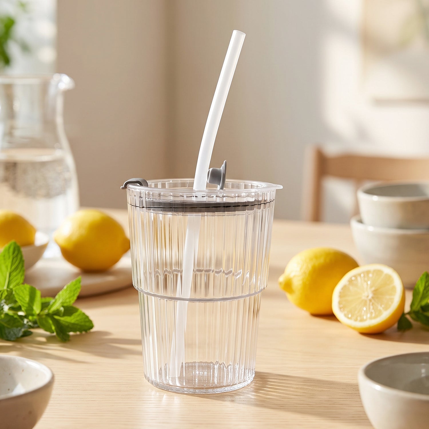Clear plastic tumbler with lid and straw on tabletop, reusable drink cup