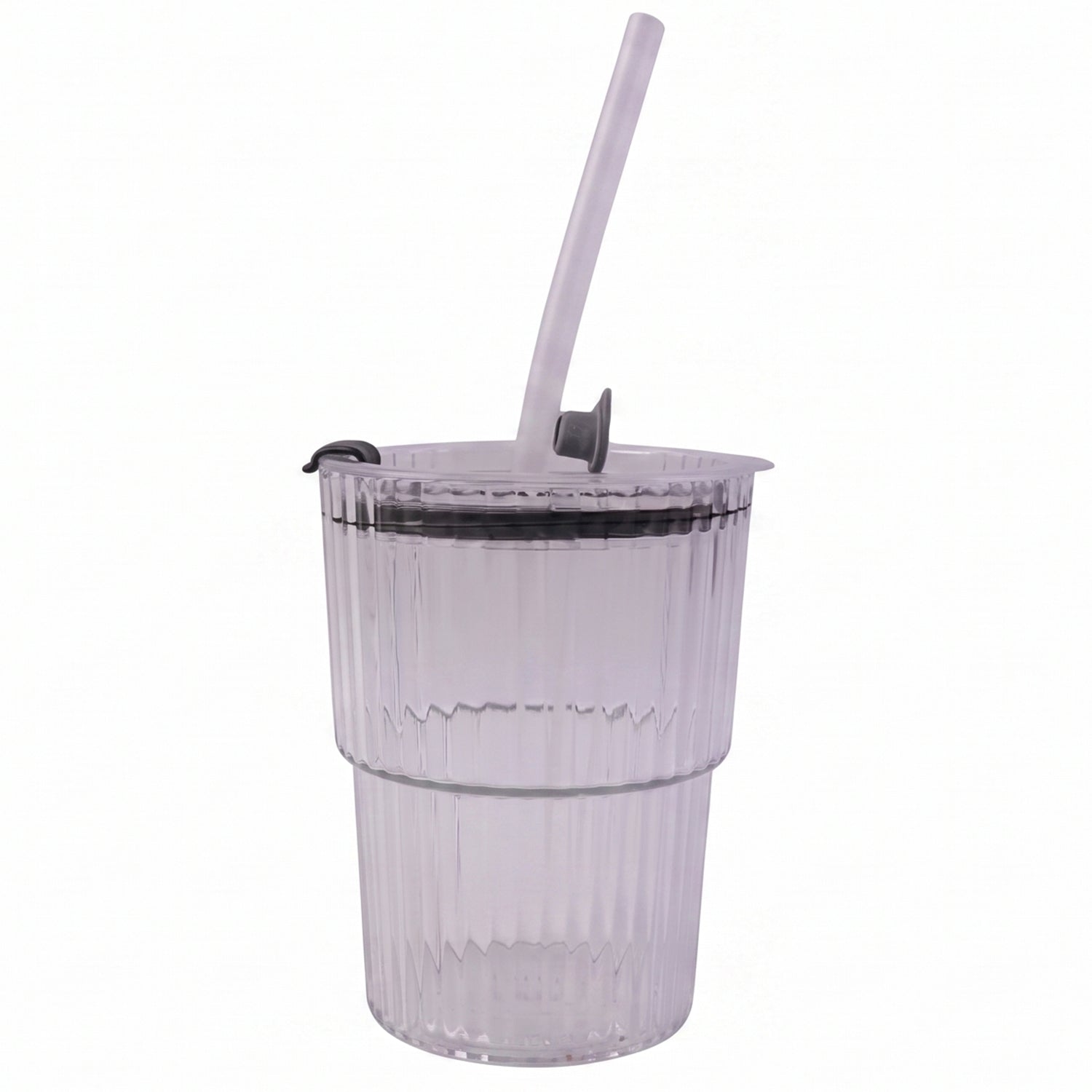 Clear plastic tumbler with flip-top lid and straw, compact reusable cup