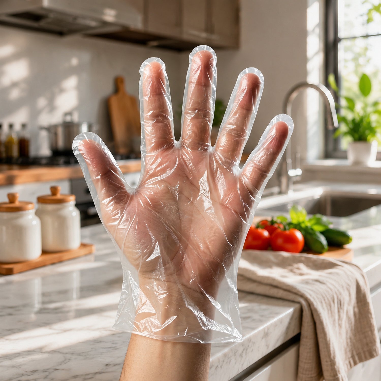 Clear disposable plastic glove on a hand, five-finger design