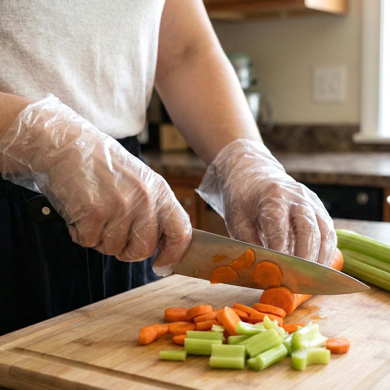 Disposable plastic gloves on a surface, ideal for hygiene and cleaning